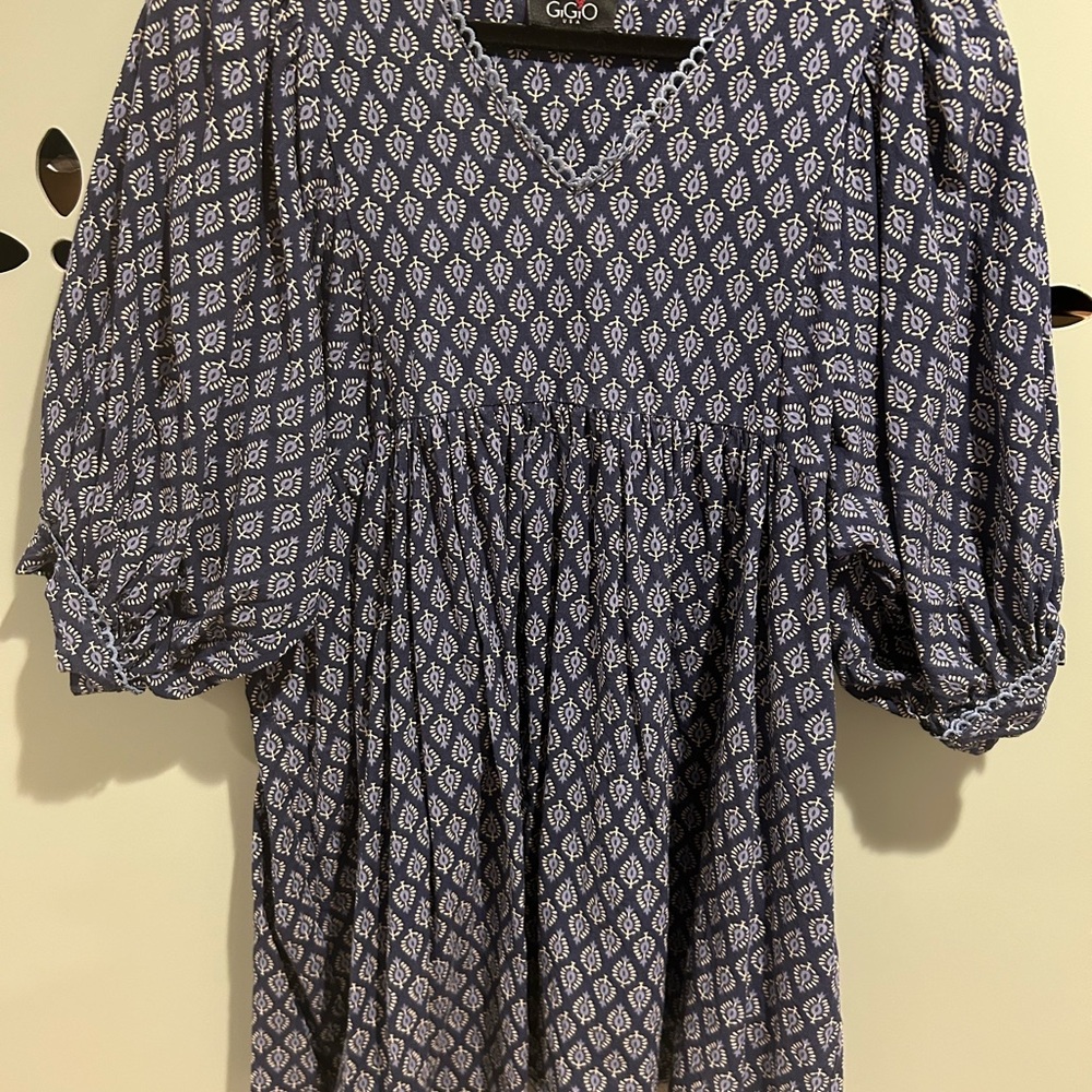 Blue and White Smocked Puff Sleeve Mini Dress